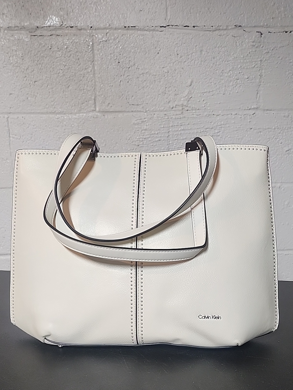 Calvin Klein Granite Studded Tripple Compartment Tote In Cherub White